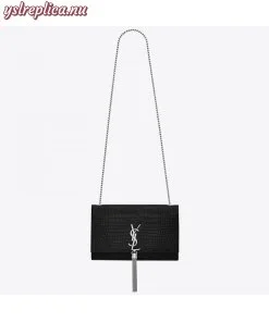 Replica YSL Fake Saint Laurent Medium Kate Bag With Tassel In Black Croc-Embossed Leather