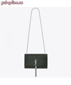 Replica YSL Fake Saint Laurent Medium Kate Bag With Tassel In Dark Green Croc-Embossed Leather