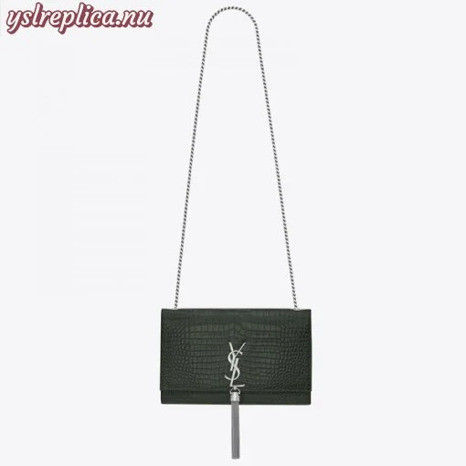 Replica YSL Fake Saint Laurent Medium Kate Bag With Tassel In Dark Green Croc-Embossed Leather