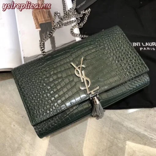 Replica YSL Fake Saint Laurent Medium Kate Bag With Tassel In Dark Green Croc-Embossed Leather 3