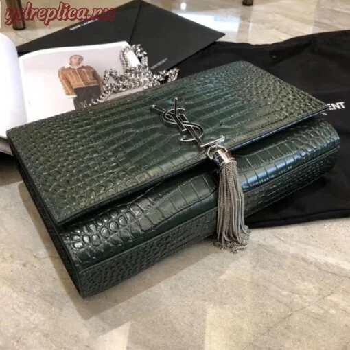 Replica YSL Fake Saint Laurent Medium Kate Bag With Tassel In Dark Green Croc-Embossed Leather 4