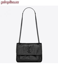 Replica YSL Fake Saint Laurent Niki Baby Bag In Black Crocodile Embossed Leather