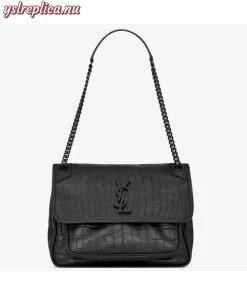 Replica YSL Fake Saint Laurent Medium Niki Bag In Black Crocodile Embossed Leather