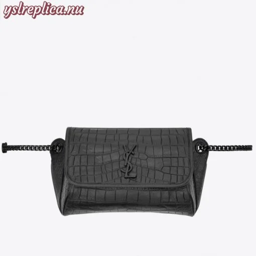 Replica YSL Fake Saint Laurent Niki Body Bag In Black Croco-Embossed Leather