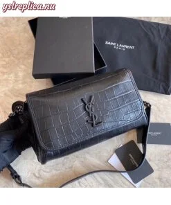 Replica YSL Fake Saint Laurent Niki Body Bag In Black Croco-Embossed Leather 2