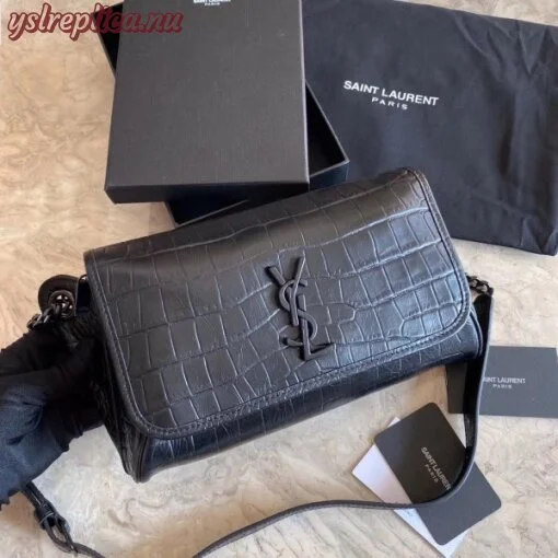 Replica YSL Fake Saint Laurent Niki Body Bag In Black Croco-Embossed Leather 2