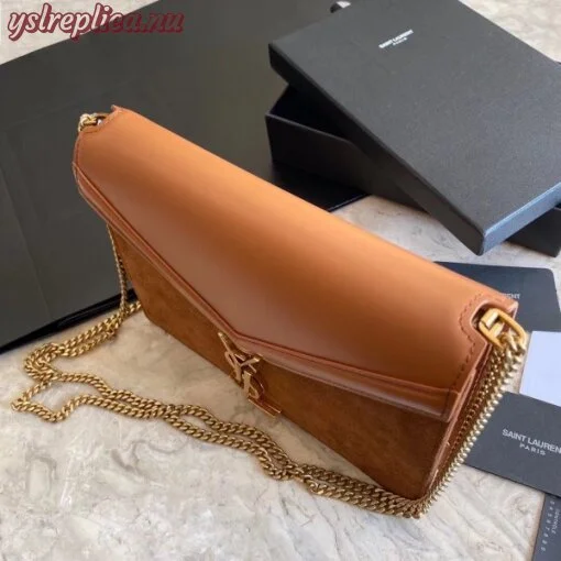 Replica YSL Fake Saint Laurent Cassandra Clasp Bag In Brown Suede 4