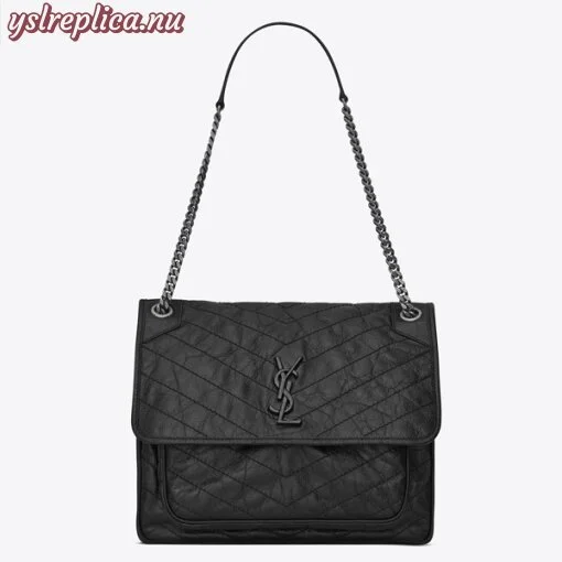 Replica YSL Fake Saint Laurent Large Niki Chain Bag In Black Crinkled Leather