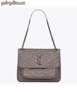 Replica YSL Fake Saint Laurent Large Niki Chain Bag In Grey Crinkled Leather