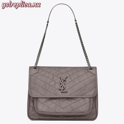 Replica YSL Fake Saint Laurent Large Niki Chain Bag In Grey Crinkled Leather