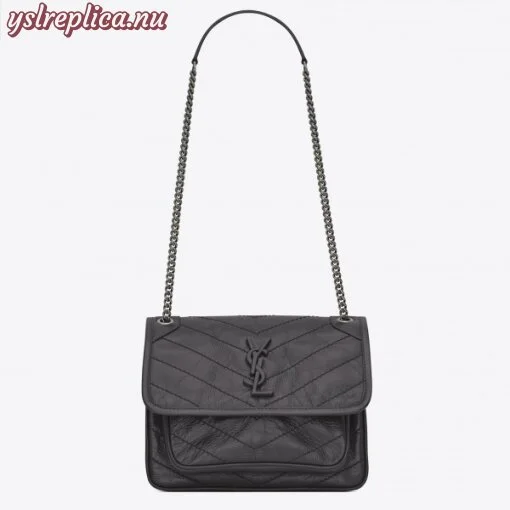 Replica YSL Fake Saint Laurent Baby Niki Chain Bag In Storm Gray Crinkled Leather