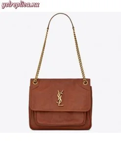 Replica YSL Fake Saint Laurent Medium Niki Chain Bag In Brown Crinkled Leather