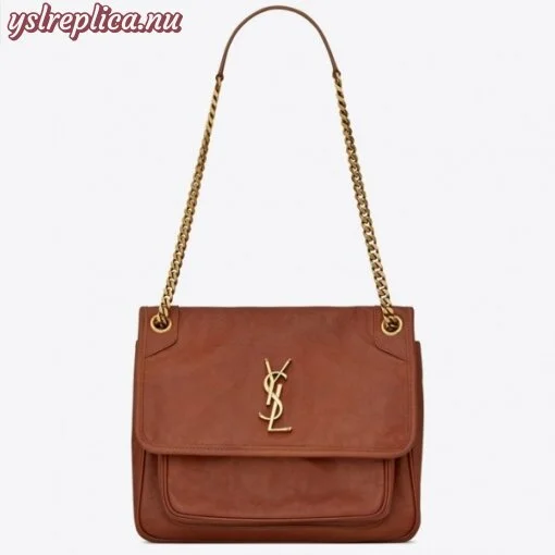 Replica YSL Fake Saint Laurent Medium Niki Chain Bag In Brown Crinkled Leather