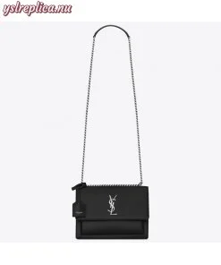 Replica YSL Fake Saint Laurent Sunset Medium Bag In Black Grained Leather