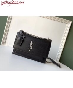 Replica YSL Fake Saint Laurent Sunset Medium Bag In Black Grained Leather 2
