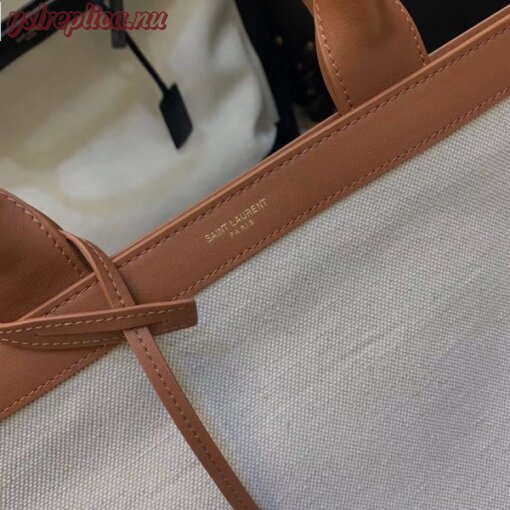 Replica YSL Fake Saint Laurent Tag Shopping Bag In Canvas And Brown Leather 6
