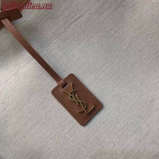 Replica YSL Fake Saint Laurent Tag Shopping Bag In Canvas And Brown Leather 7