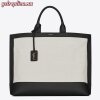 Replica YSL Fake Saint Laurent Tag Shopping Bag In Canvas And Brown Leather 10