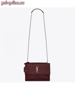 Replica YSL Fake Saint Laurent Sunset Medium Bag In Bordeaux Crocodile Embossed Leather