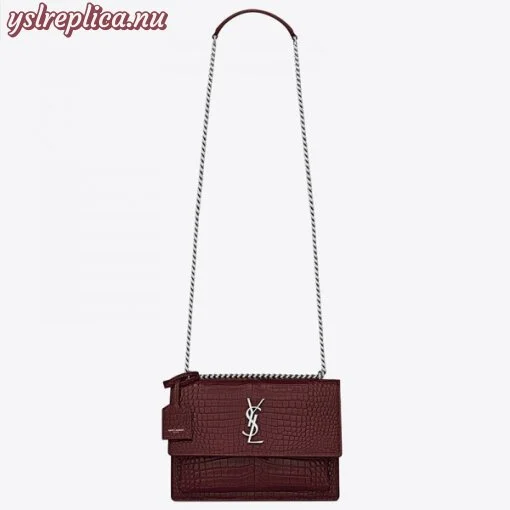 Replica YSL Fake Saint Laurent Sunset Medium Bag In Bordeaux Crocodile Embossed Leather