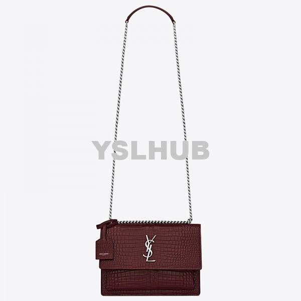 Replica YSL Fake Saint Laurent Sunset Medium Bag In Bordeaux Crocodile Embossed Leather