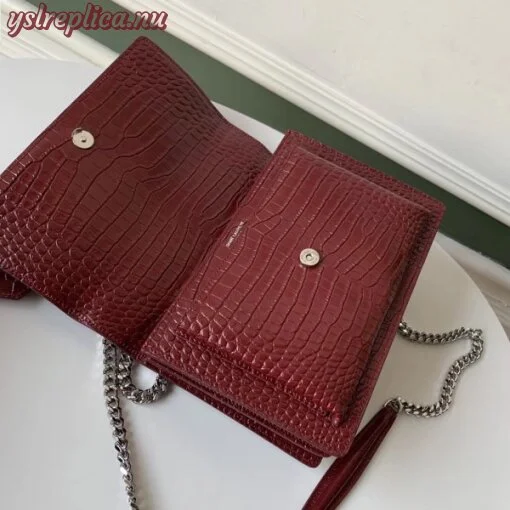 Replica YSL Fake Saint Laurent Sunset Medium Bag In Bordeaux Crocodile Embossed Leather 3