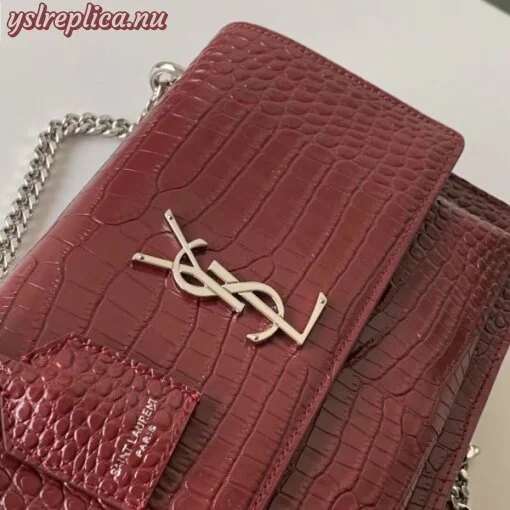 Replica YSL Fake Saint Laurent Sunset Medium Bag In Bordeaux Crocodile Embossed Leather 4