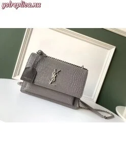 Replica YSL Fake Saint Laurent Sunset Medium Bag In Grey Crocodile Embossed Leather 2