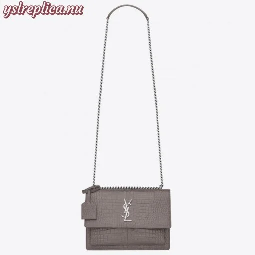 Replica YSL Fake Saint Laurent Sunset Medium Bag In Grey Crocodile Embossed Leather 3