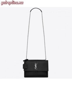Replica YSL Fake Saint Laurent Sunset Medium Bag In Black Crocodile Embossed Leather