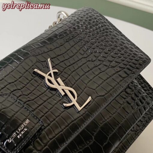Replica YSL Fake Saint Laurent Sunset Medium Bag In Black Crocodile Embossed Leather 10