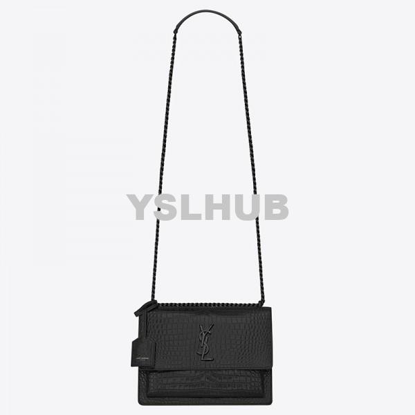 Replica YSL Fake Saint Laurent Sunset Medium Bag In Noir Crocodile Embossed Leather