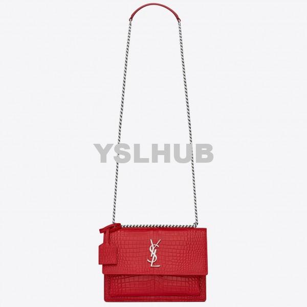 Replica YSL Fake Saint Laurent Sunset Medium Bag In Red Crocodile Embossed Leather