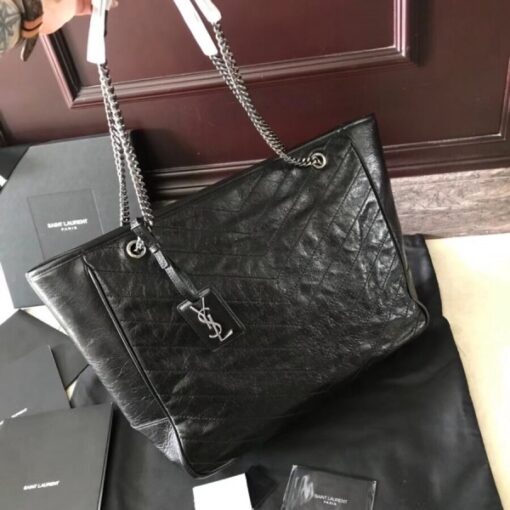 Replica YSL Fake Saint Laurent Niki Shopping Bag In Black Crinkled Calfskin 2