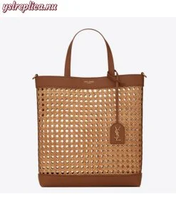 Replica YSL Fake Saint Laurent N/S Toy Shopping Bag In Woven Cane And Leather