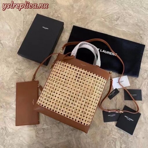 Replica YSL Fake Saint Laurent N/S Toy Shopping Bag In Woven Cane And Leather 3