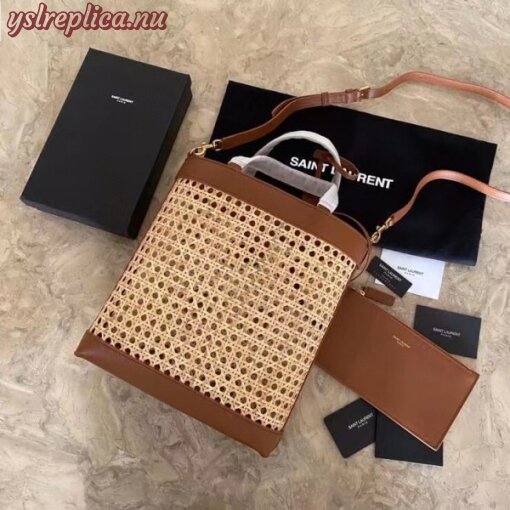 Replica YSL Fake Saint Laurent N/S Toy Shopping Bag In Woven Cane And Leather 6