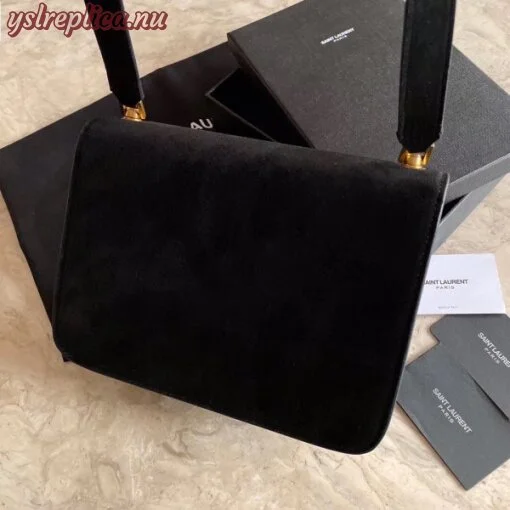 Replica YSL Fake Saint Laurent Carre Satchel Bag In Black Suede Leather 7