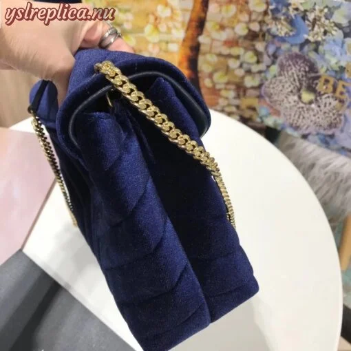 Replica YSL Fake Saint Laurent Blue Velvet Small Loulou Chain Bag 2