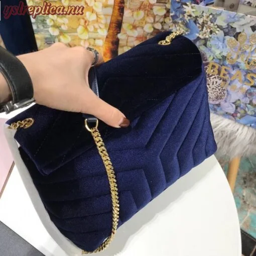 Replica YSL Fake Saint Laurent Blue Velvet Small Loulou Chain Bag 4