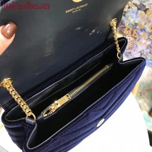 Replica YSL Fake Saint Laurent Blue Velvet Small Loulou Chain Bag 6