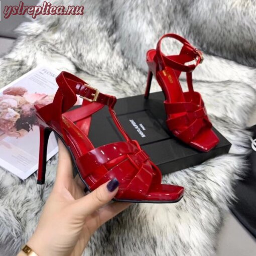 Replica YSL Fake Saint Laurent Tribute High Heel Sandals In Red Patent Leather 5