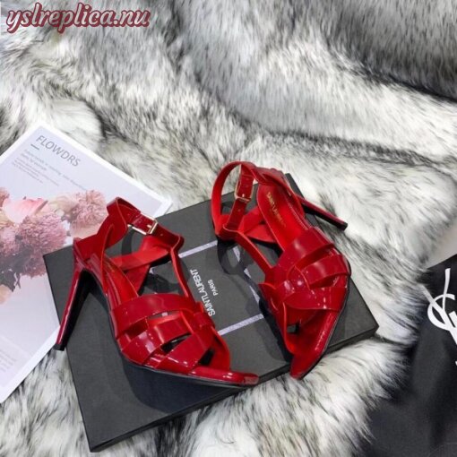 Replica YSL Fake Saint Laurent Tribute High Heel Sandals In Red Patent Leather 7