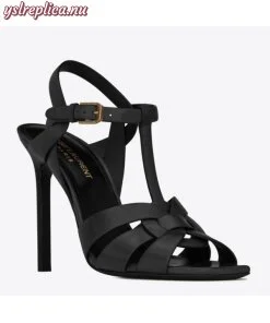 Replica YSL Fake Saint Laurent Tribute High Heel Sandals In Black Calfskin