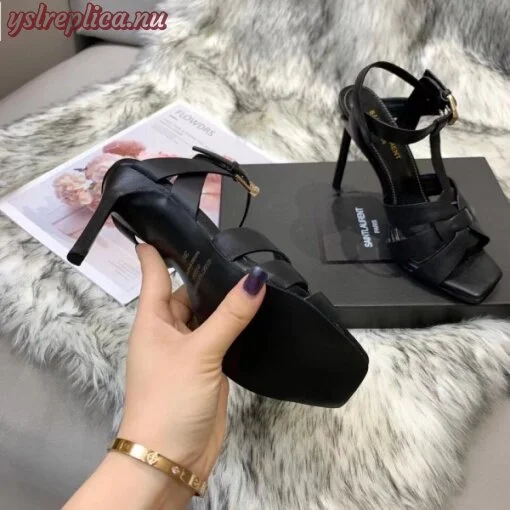 Replica YSL Fake Saint Laurent Tribute High Heel Sandals In Black Calfskin 4