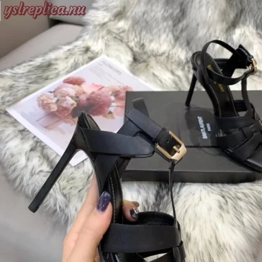 Replica YSL Fake Saint Laurent Tribute High Heel Sandals In Black Calfskin 5