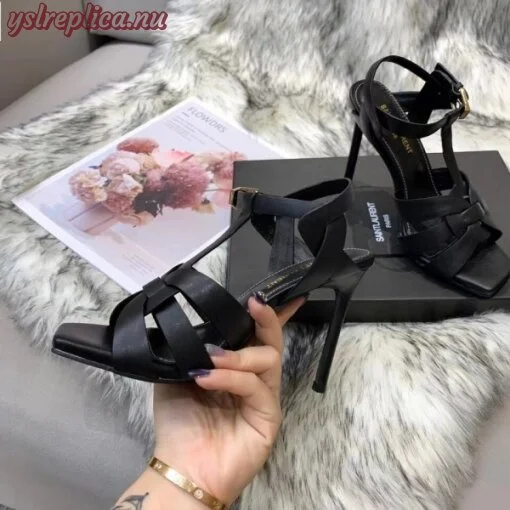 Replica YSL Fake Saint Laurent Tribute High Heel Sandals In Black Calfskin 6