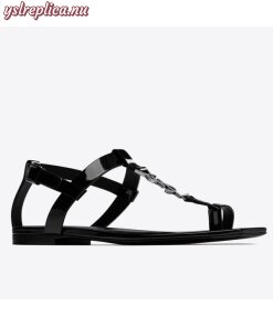 Replica YSL Fake Saint Laurent Cassandra Flat Sandals In Black Patent Leather