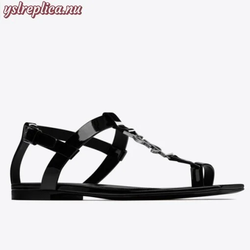 Replica YSL Fake Saint Laurent Cassandra Flat Sandals In Black Patent Leather