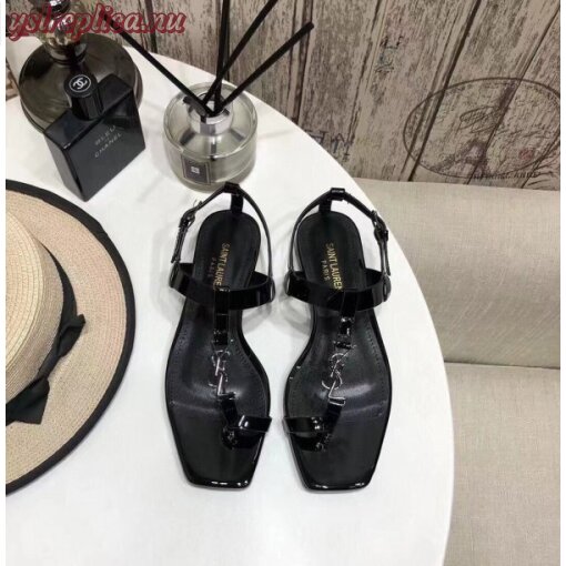 Replica YSL Fake Saint Laurent Cassandra Flat Sandals In Black Patent Leather 2